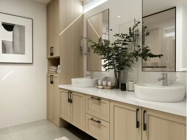 Double vessel-sink vanity in light oak with black hardware, tall linen cabinet and wide mirrors