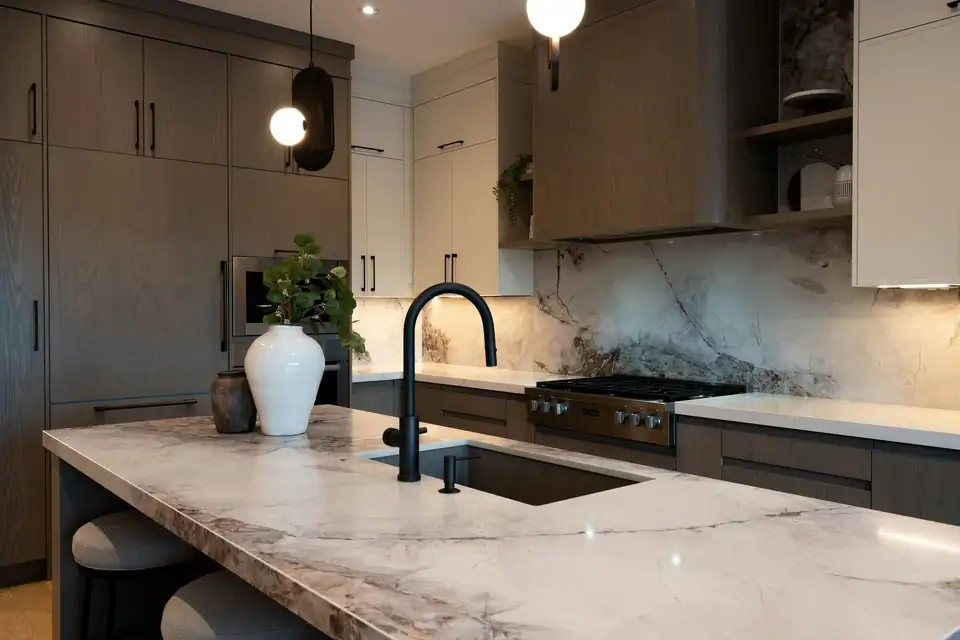 Kitchen remodeling Roseville area project by Anani Remodeling: dark wood cabinets, veined stone island with undermount sink and black faucet, matching stone backsplash